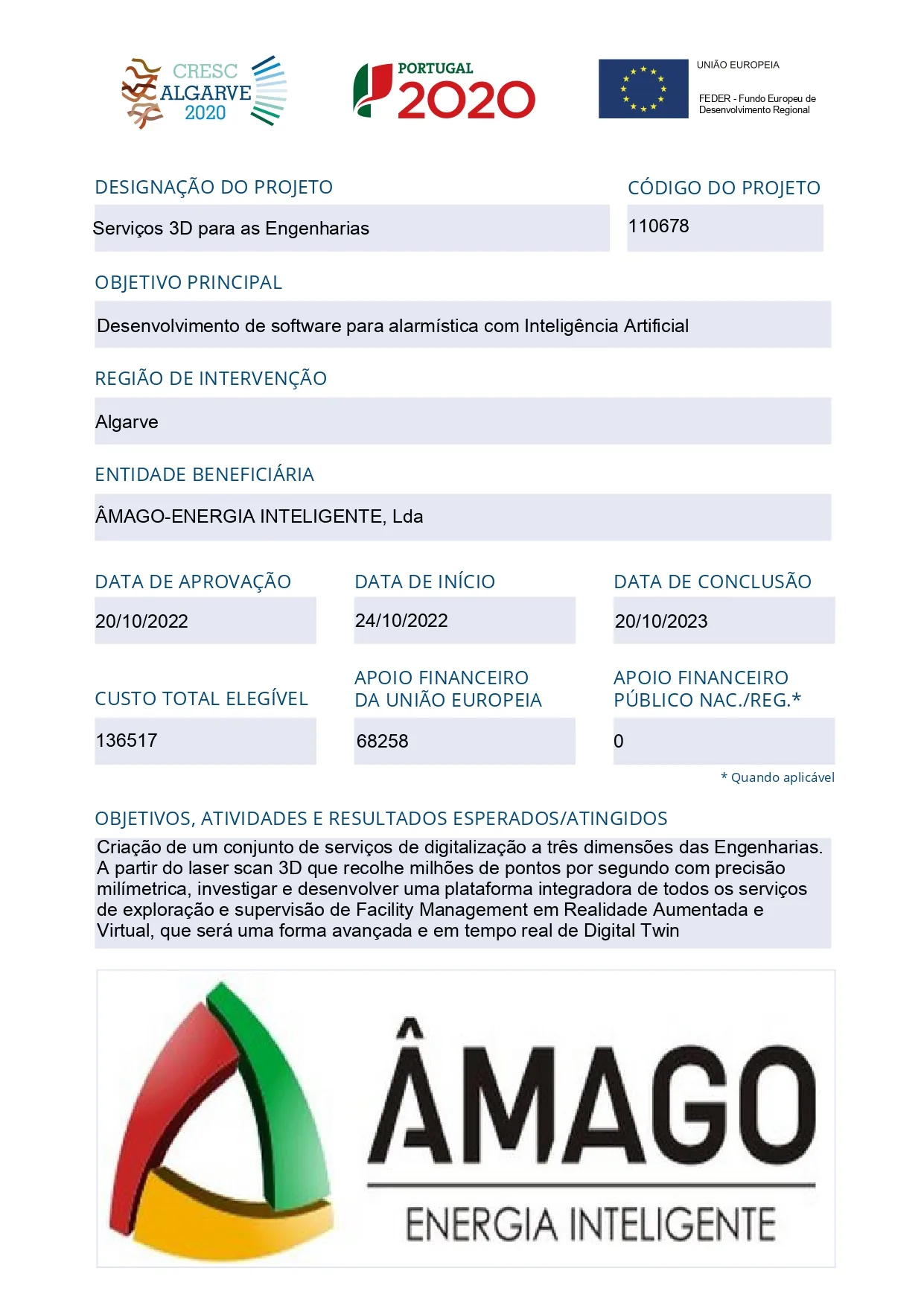 Ficha do projeto Serviços 3D para as Engenharias